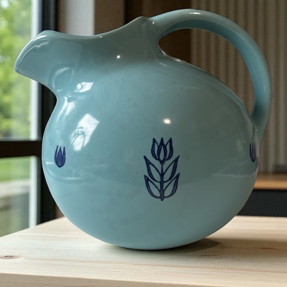 VINTAGE Mid Century‎ Cronin Ceramic Blue Turquoise Tulip Ball Pitcher USA Made